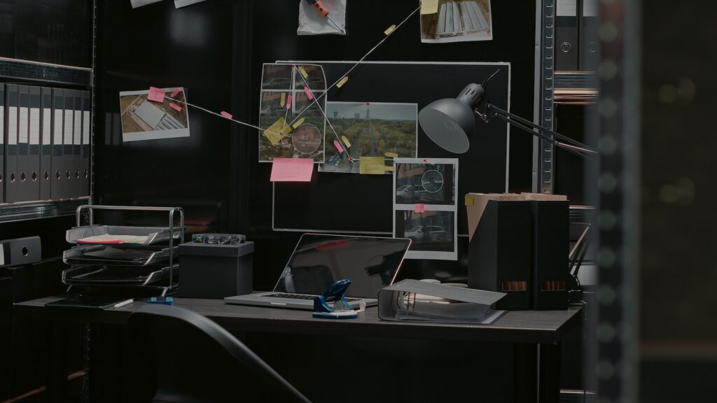 Evidence room office with detective board and desk